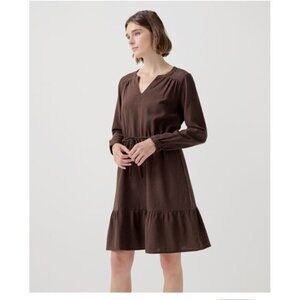 Pact Womens Organic Cotton Brown Tiered Midi‎ Dress Tie Waist Pockets Medium